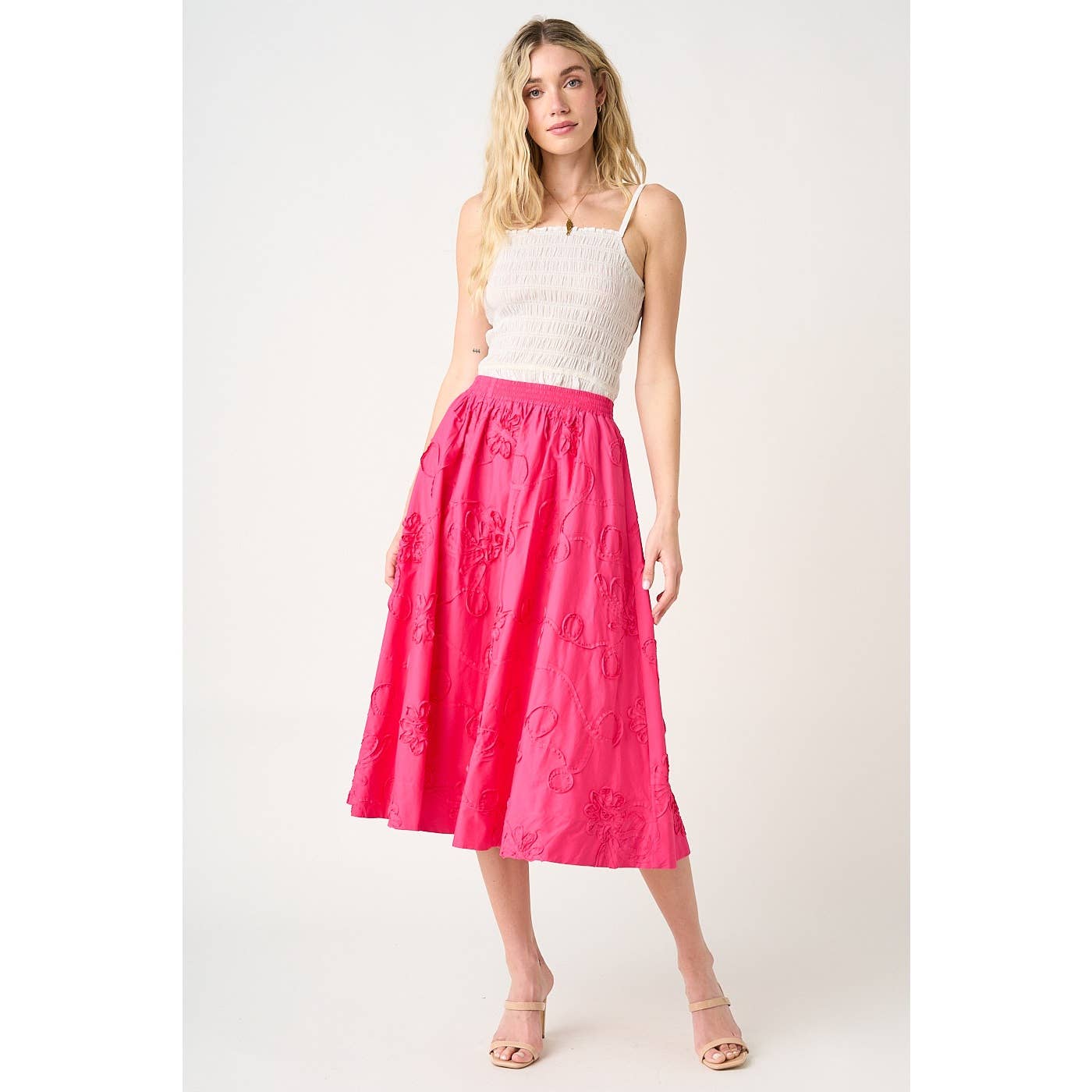 ROSE FLORAL EMBROIDERY HOT PINK ELASTIC WAIST MIDI SKIRT