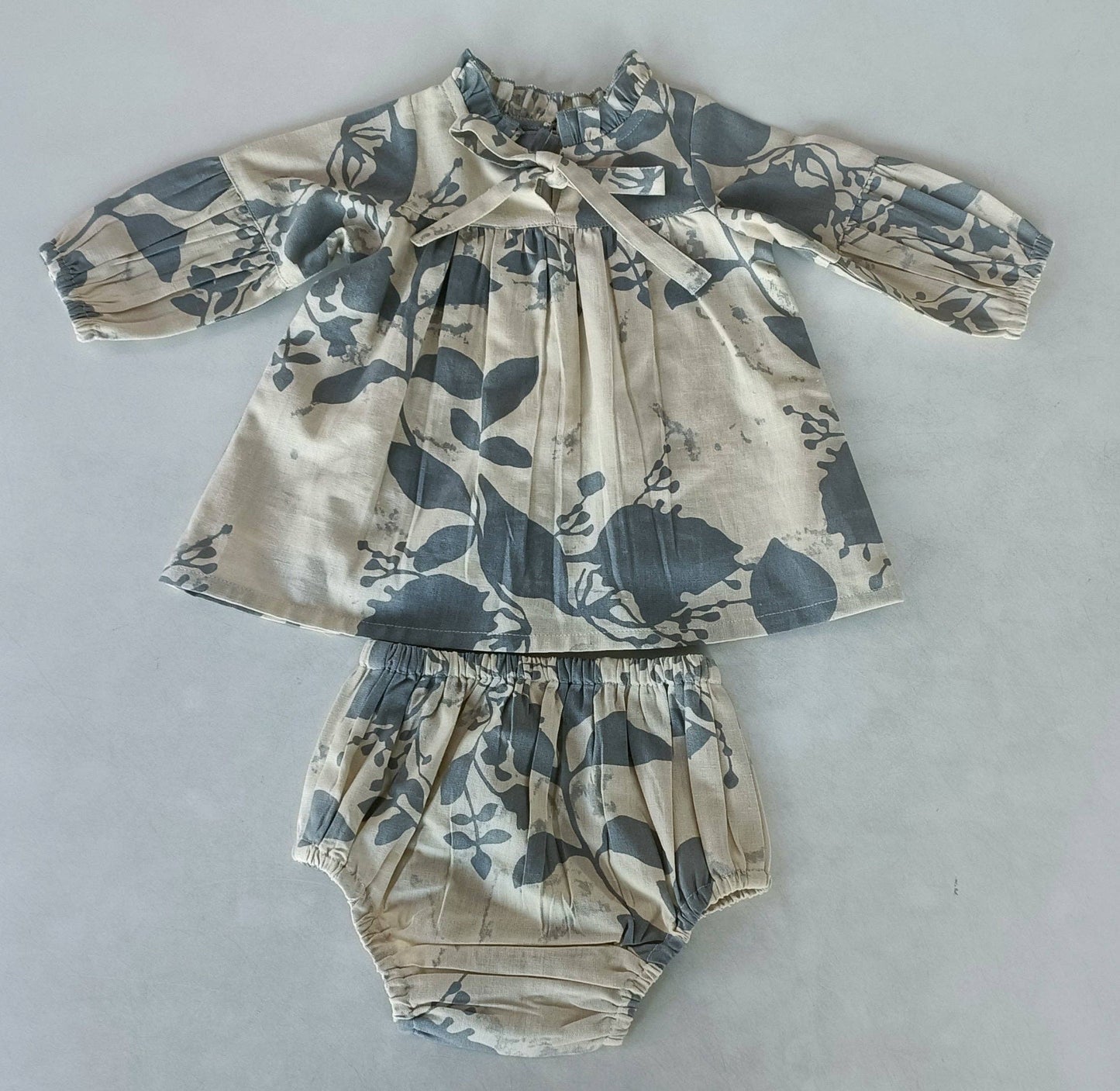 Grey Leaf Printed Gathered Long Sleeve Dress