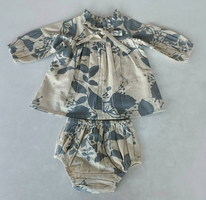 Grey Leaf Printed Gathered Long Sleeve Dress