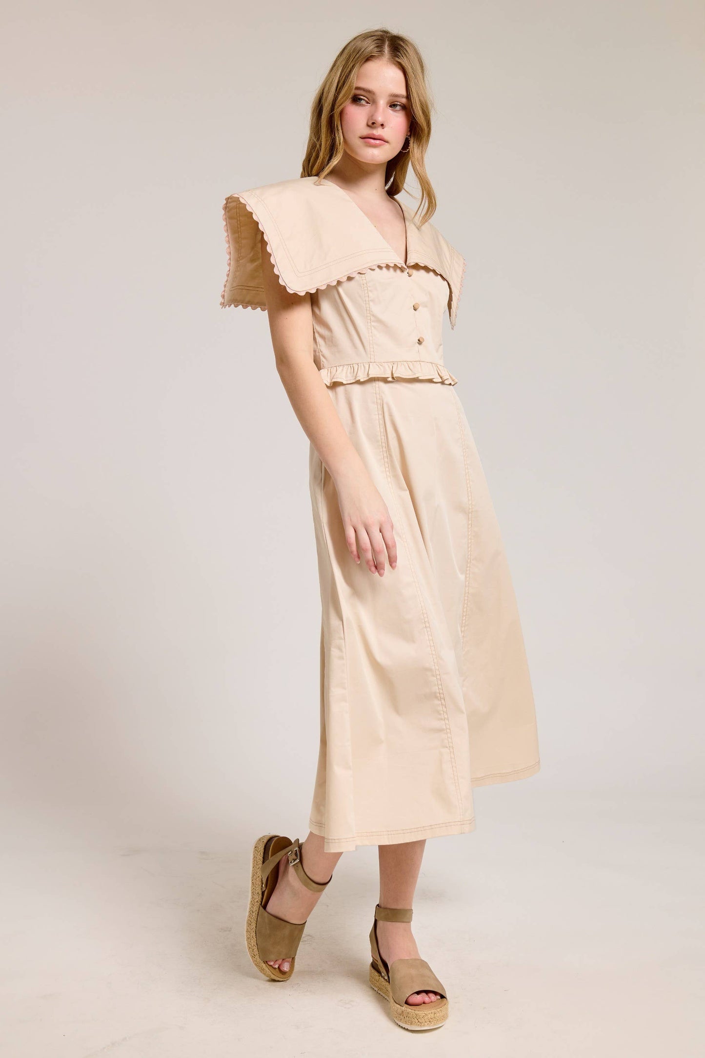 Oversized Collar Scallop Trim Midi Dress