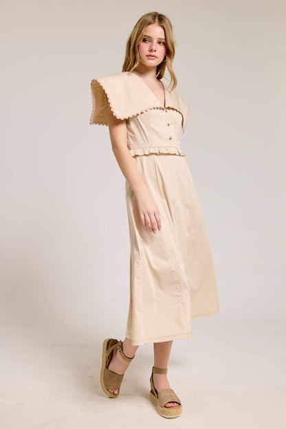 Oversized Collar Scallop Trim Midi Dress