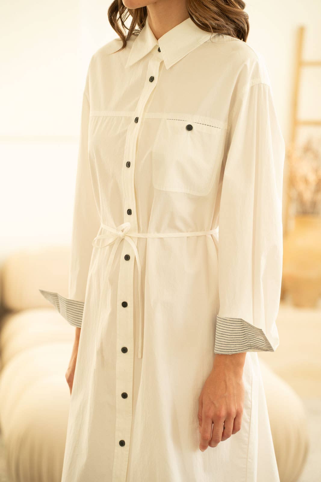BUTTON DOWN MIDI SHIRT DRESS W/ TIE