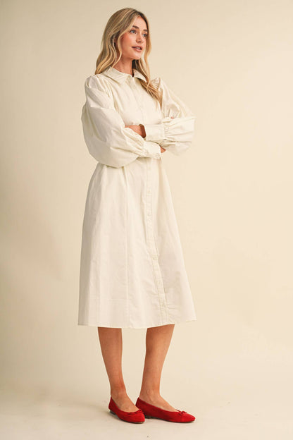 BUTTON DOWN BELTED MIDI DRESS CREAM