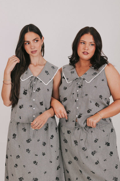 Black Gray Floral Essential Bloom Top and Skirt Set