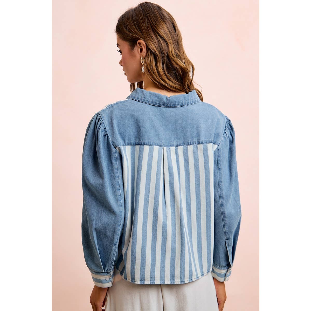 WASHED MULTI STRIPED DENIM BUTTONED SHACKET TOP
