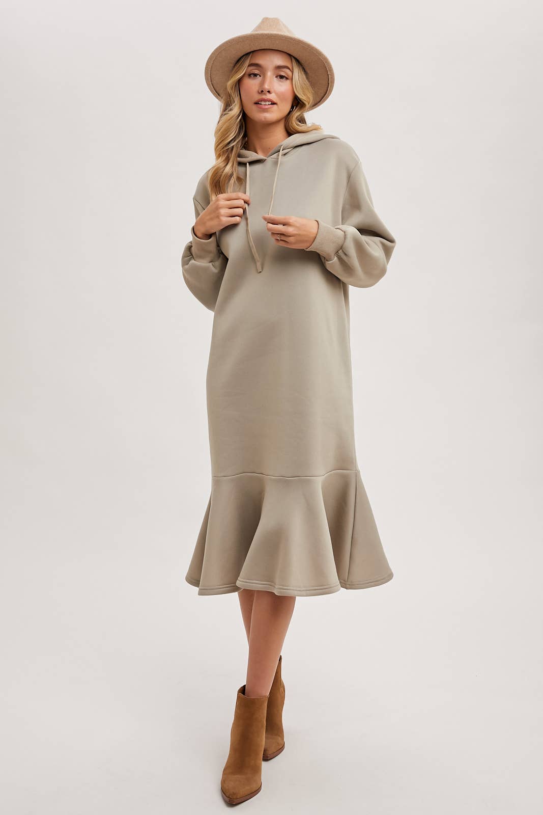 FLOUNCE HEM HOODIE SWEATSHIRT MIDI DRESS