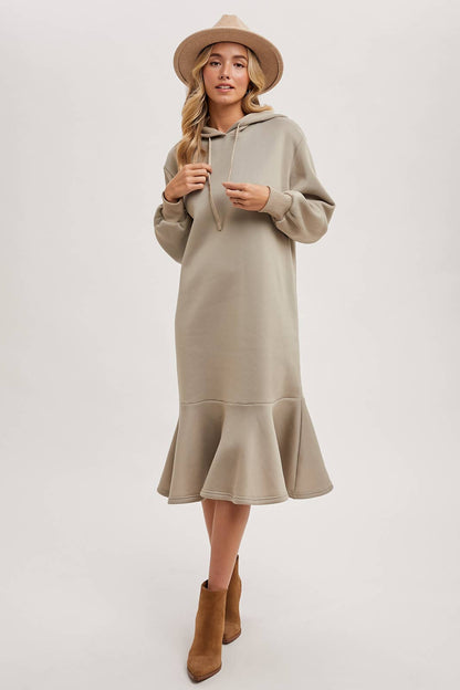 FLOUNCE HEM HOODIE SWEATSHIRT MIDI DRESS