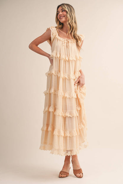 TIERED LACE TRIM FLOWY MAXI DRESS RUFFLE BLACK CREAM