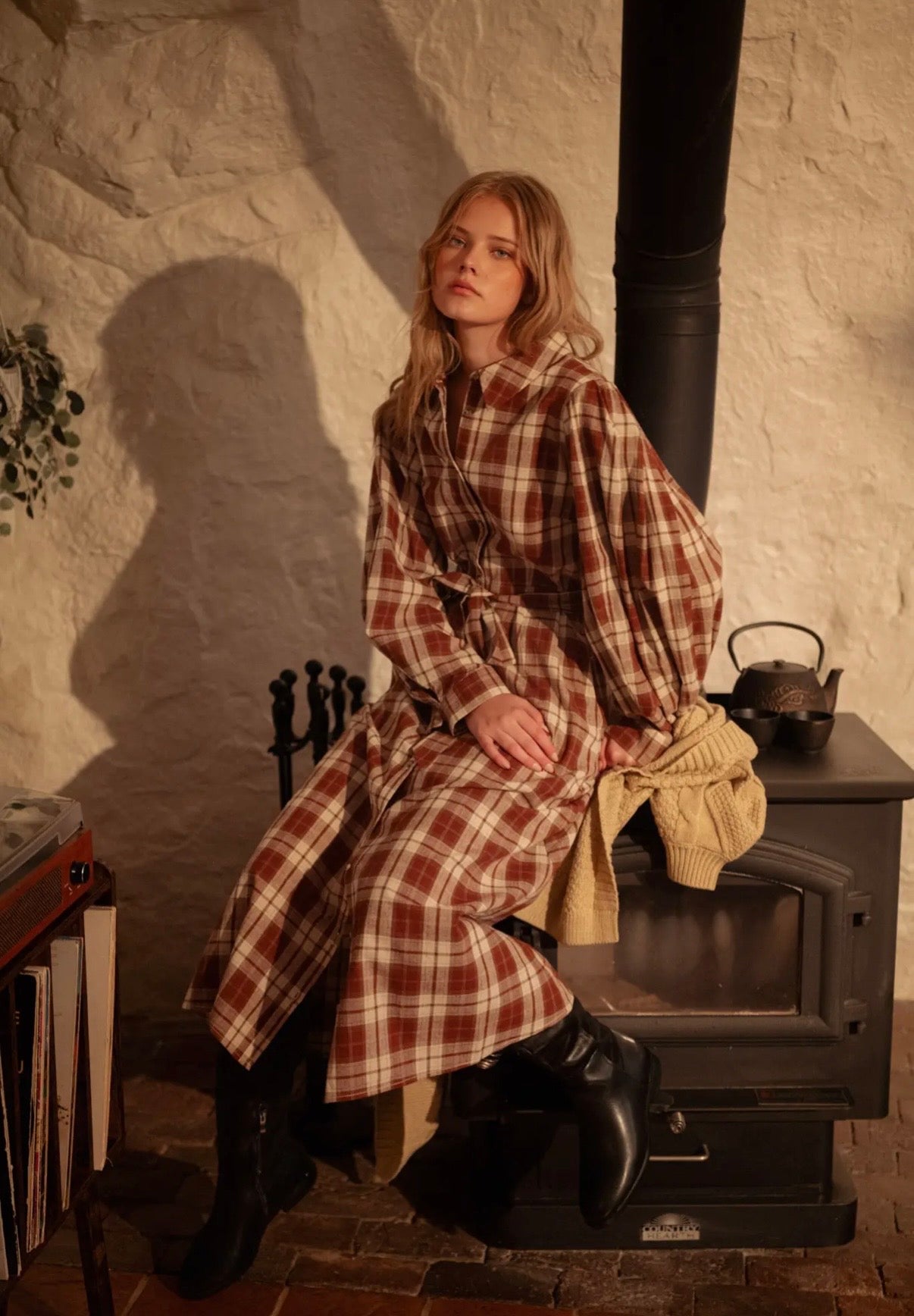 PLAID BUTTON DOWN BELTED MIDI DRESS MDR5278