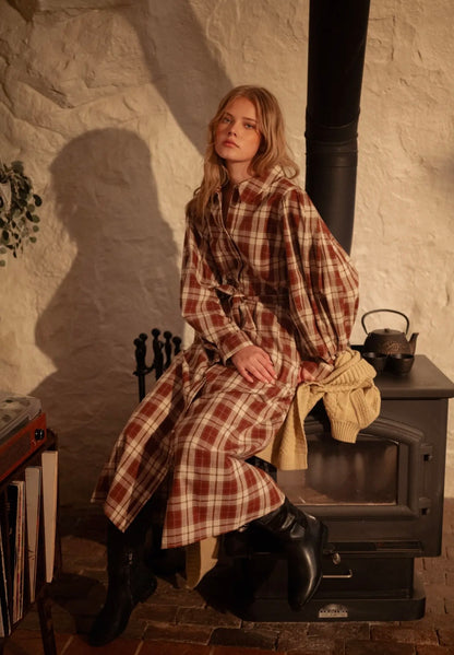 PLAID BUTTON DOWN BELTED MIDI DRESS MDR5278