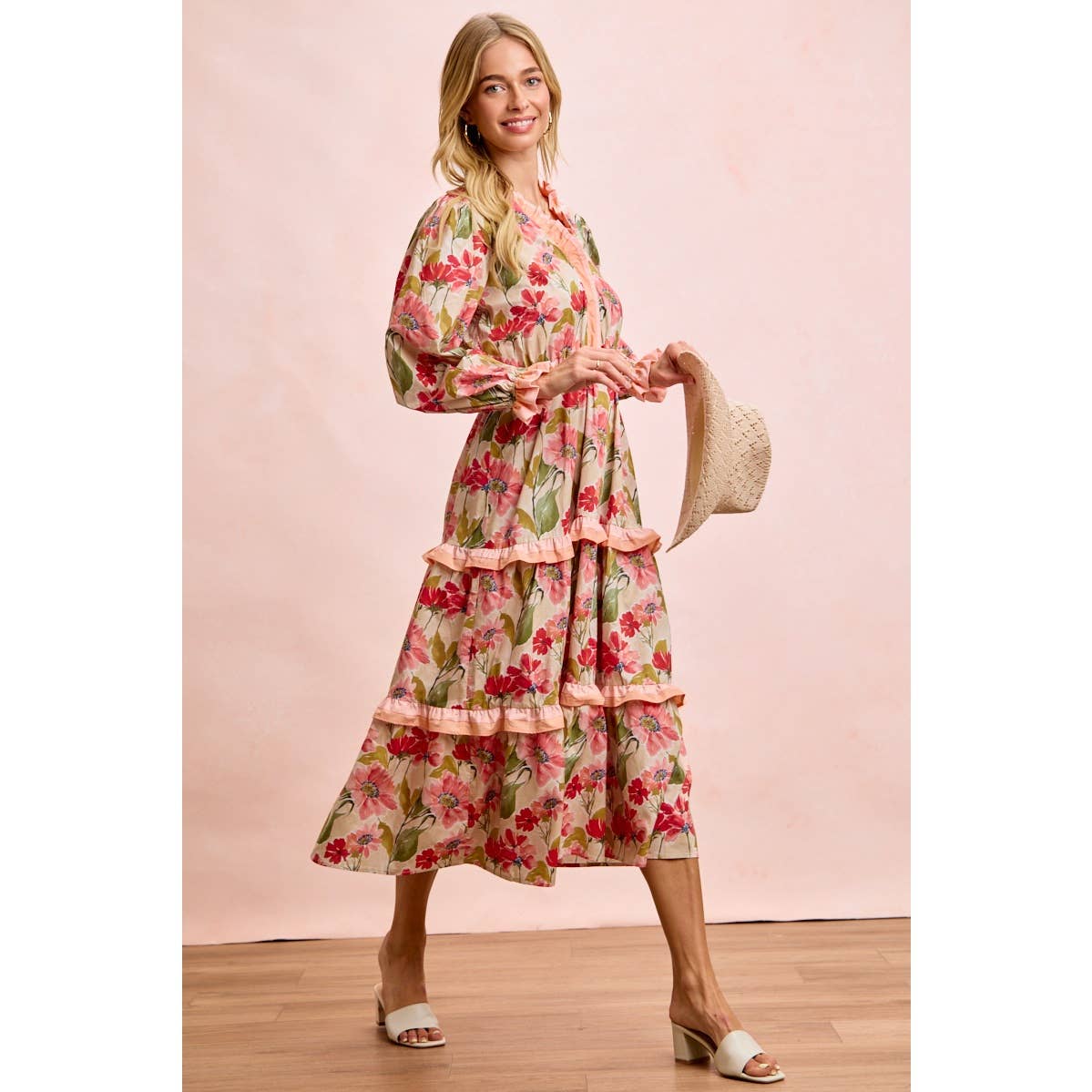 FLORAL PRINT MIDI DRESS WITH RUFFLE SCALLOP EDGE DETAILS