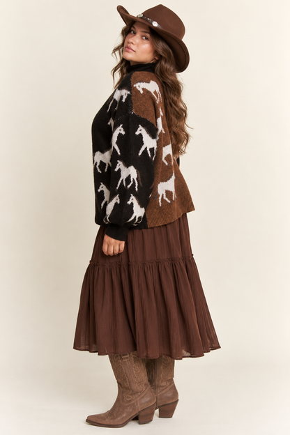 TWO TONE BROWN BLACK WHITE HORSE CARDIGAN