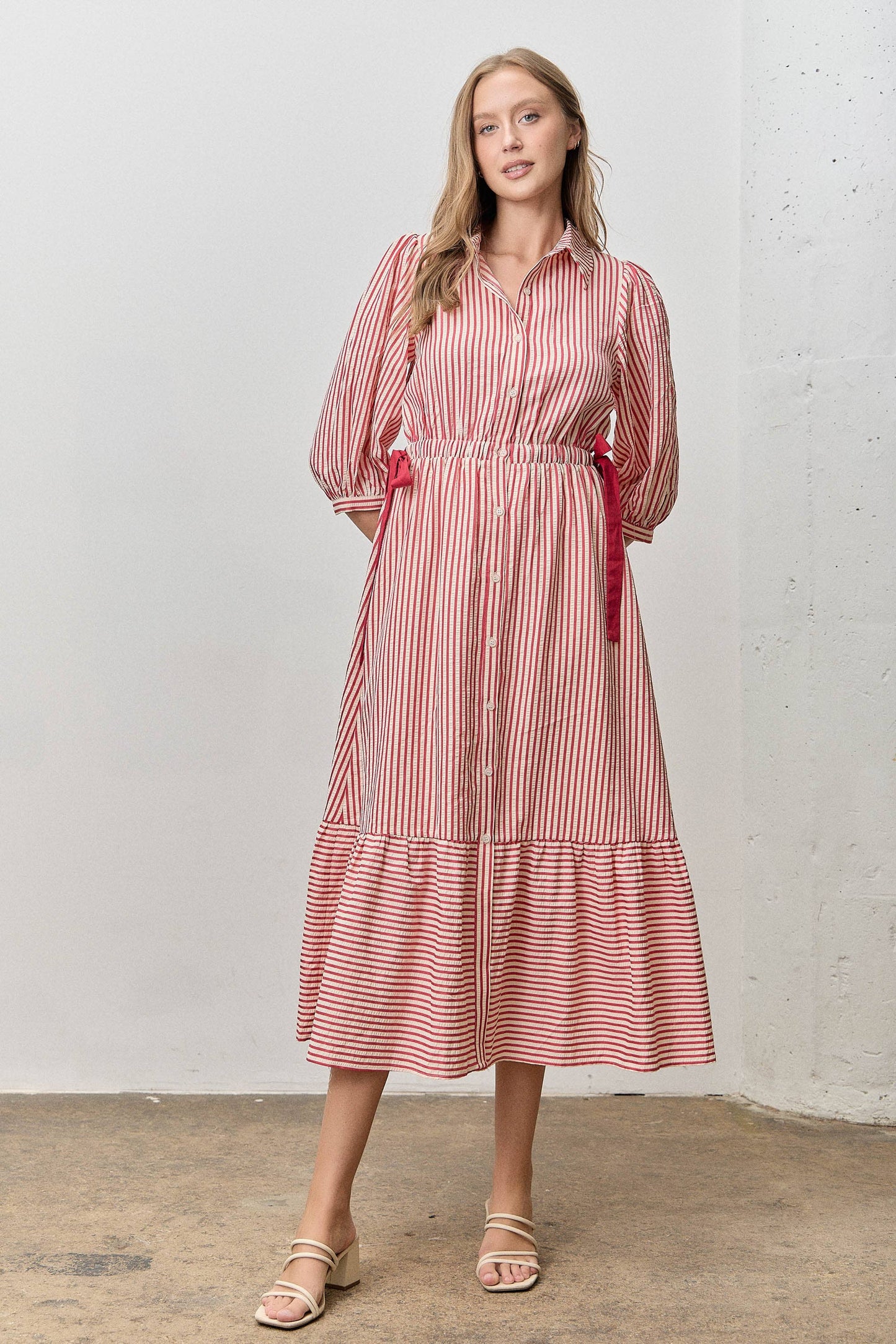 STRIPED CONTRAST SIDE RIBBON MIDI DRESS