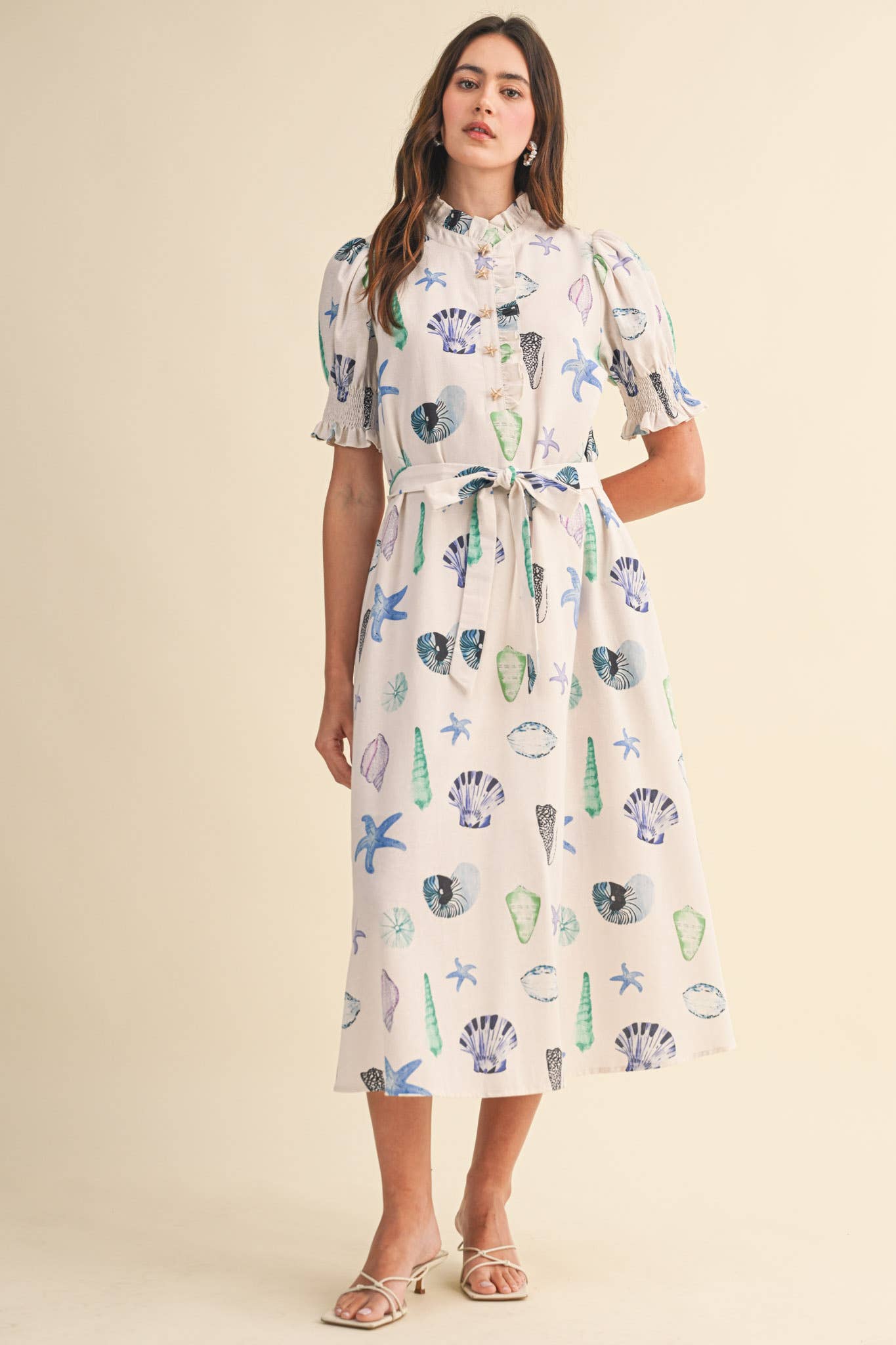 SEASHELL PRINT RUFFLE COLLAR BELTED MIDI DRESS