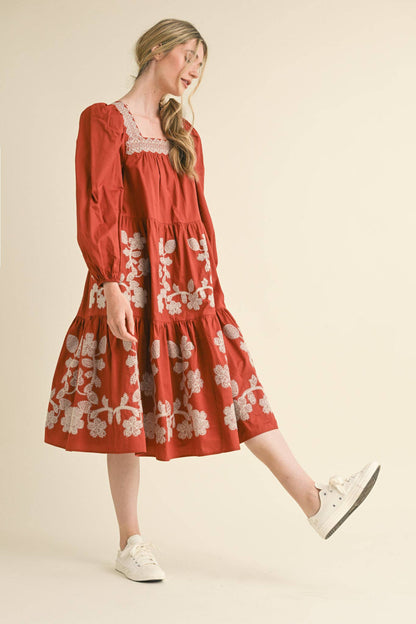 FLORAL EMBROIDERED TIERED MIDI DRESS RUST AMBER SQUARE NECK