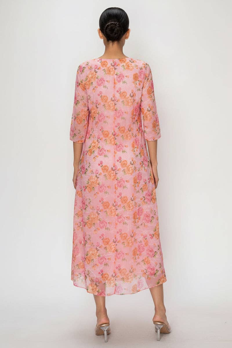 PLUS SIZE FLORAL LACE, DESIGNED WITH A MODEST ROUND NECK MIDI DRESS