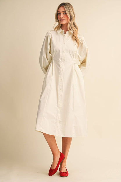 BUTTON DOWN BELTED MIDI DRESS CREAM
