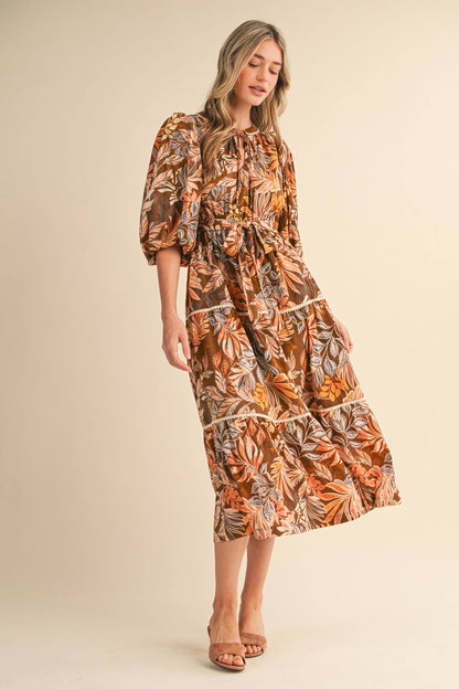 EXCLUSIVE PRINT BUBBLE SLV TIERED MIDI DRESS GREEN FLORAL LEAF TIE