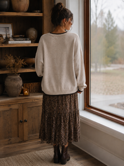 Oversized Trimmed Cream Brown Horse Knit Sweater