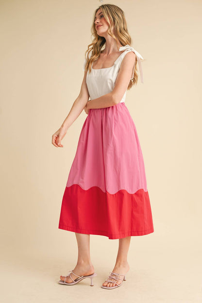 SCALLOPED COLOR BLOCK PINK SCALLOP MIDI DRESS