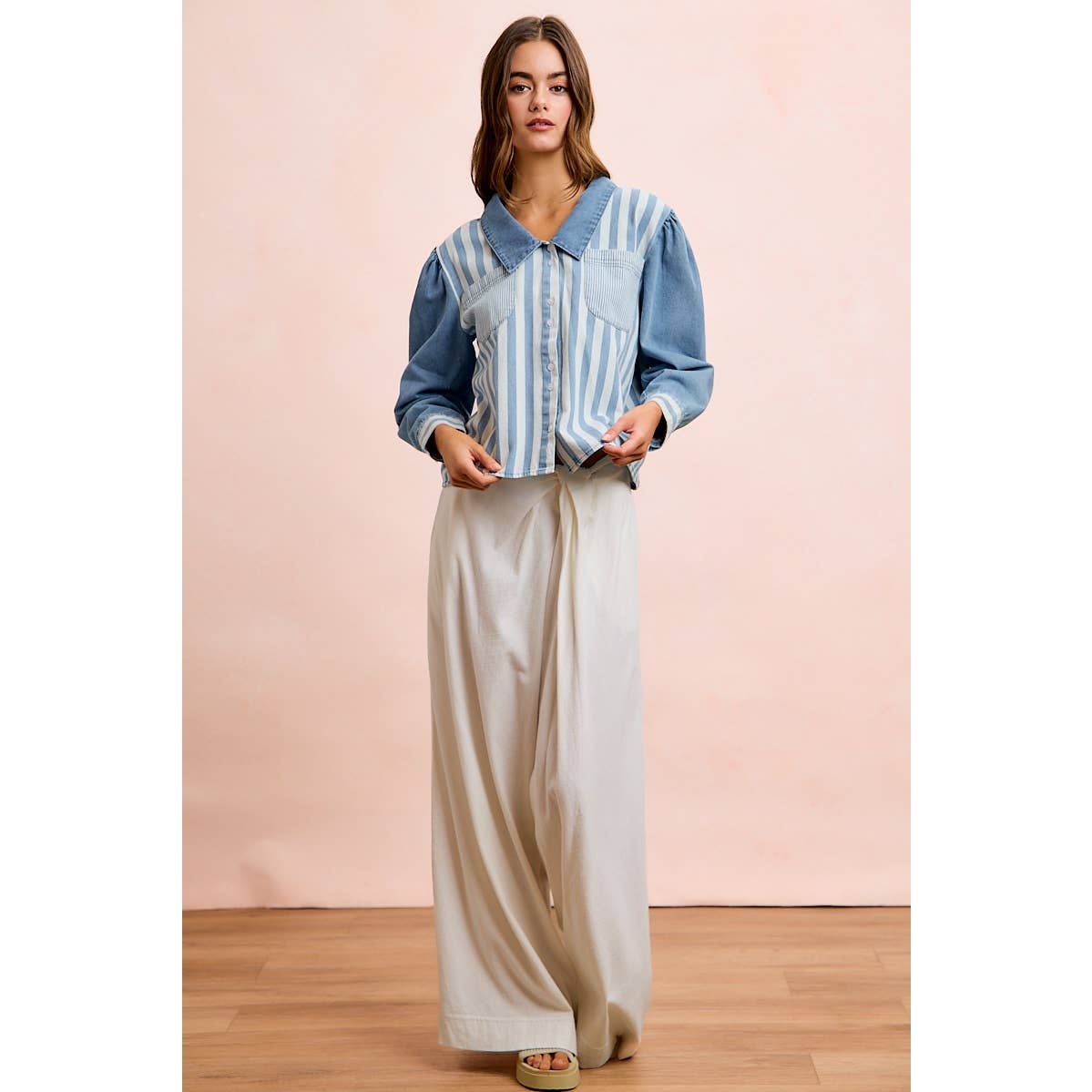 WASHED MULTI STRIPED DENIM BUTTONED SHACKET TOP