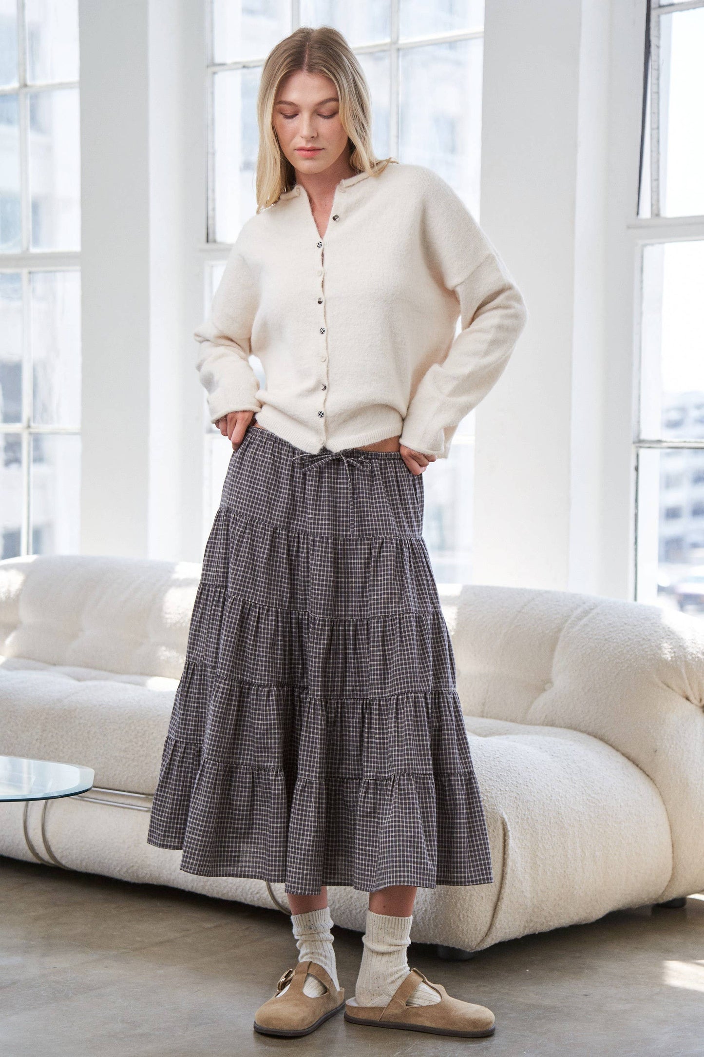 Caramel Gingham Elastic Waistband Skirt - Multiple Colors