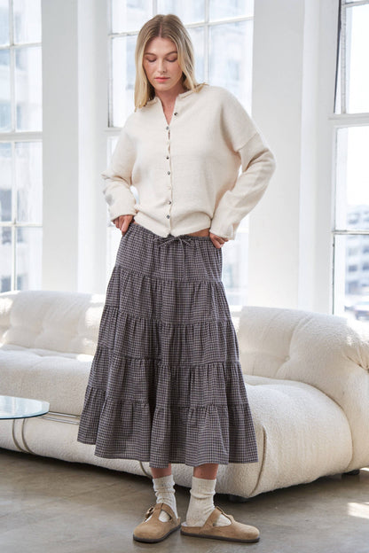 Caramel Gingham Elastic Waistband Skirt - Multiple Colors