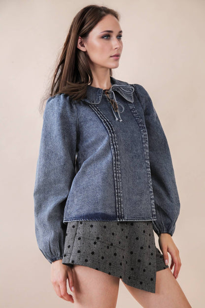 Mineral Washed Chambray Denim Blouse Top