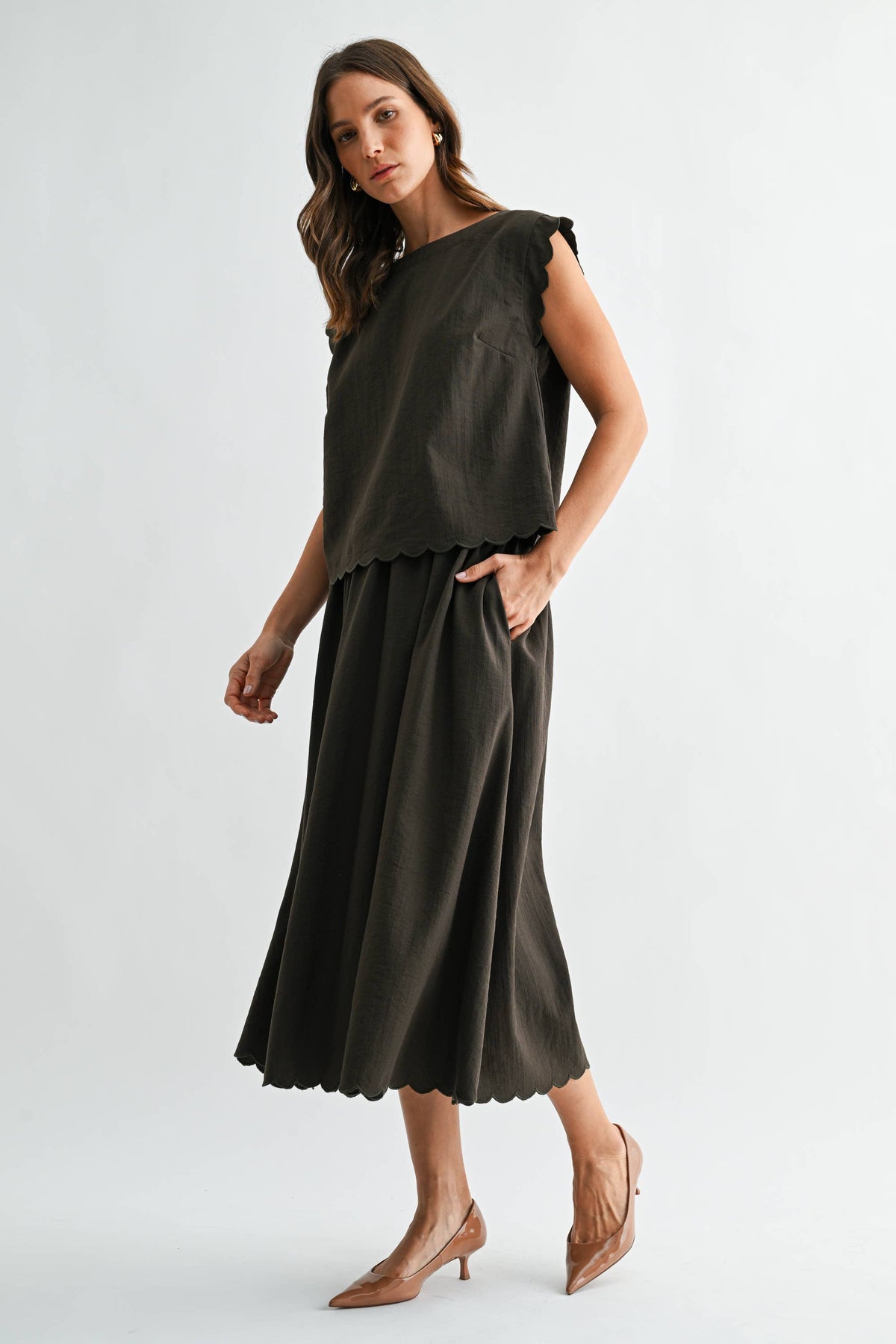 OLIVE GREEN SCALLOP EDGE MAXI TOP SKIRT SET