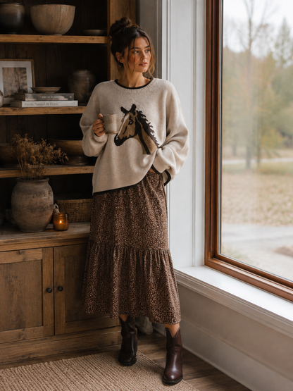 Oversized Trimmed Cream Brown Horse Knit Sweater