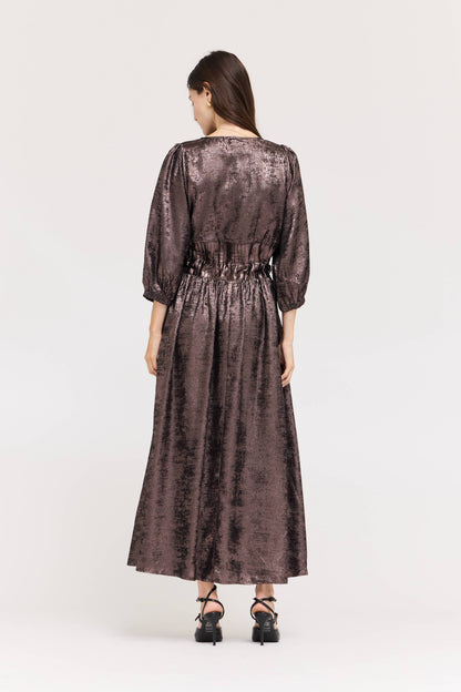 ESPRESSO BROWN TIE FRONT PLEAT WAIST SHINE DRESS