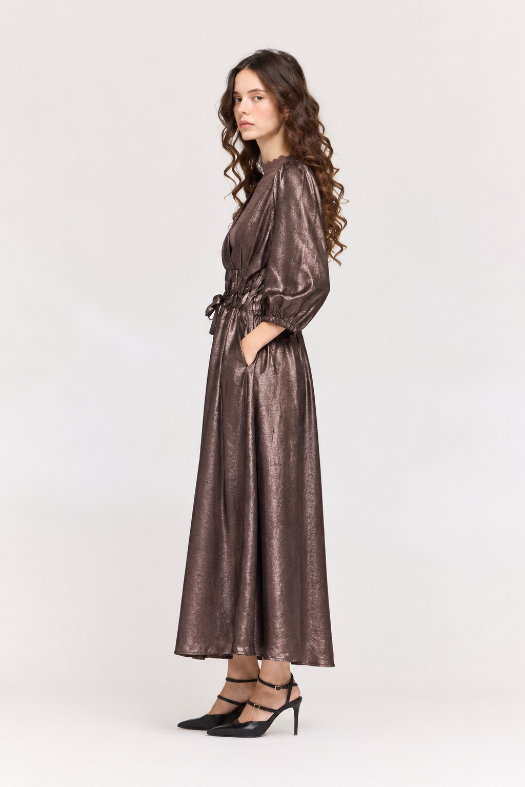 ESPRESSO BROWN TIE FRONT PLEAT WAIST SHINE DRESS