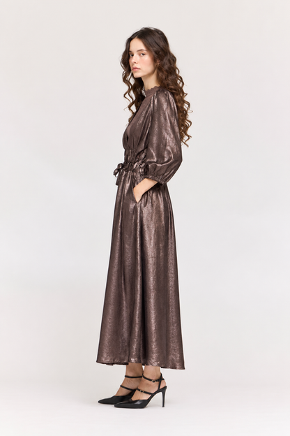 ESPRESSO BROWN TIE FRONT PLEAT WAIST SHINE DRESS