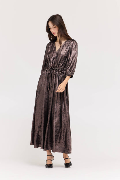 ESPRESSO BROWN TIE FRONT PLEAT WAIST SHINE DRESS