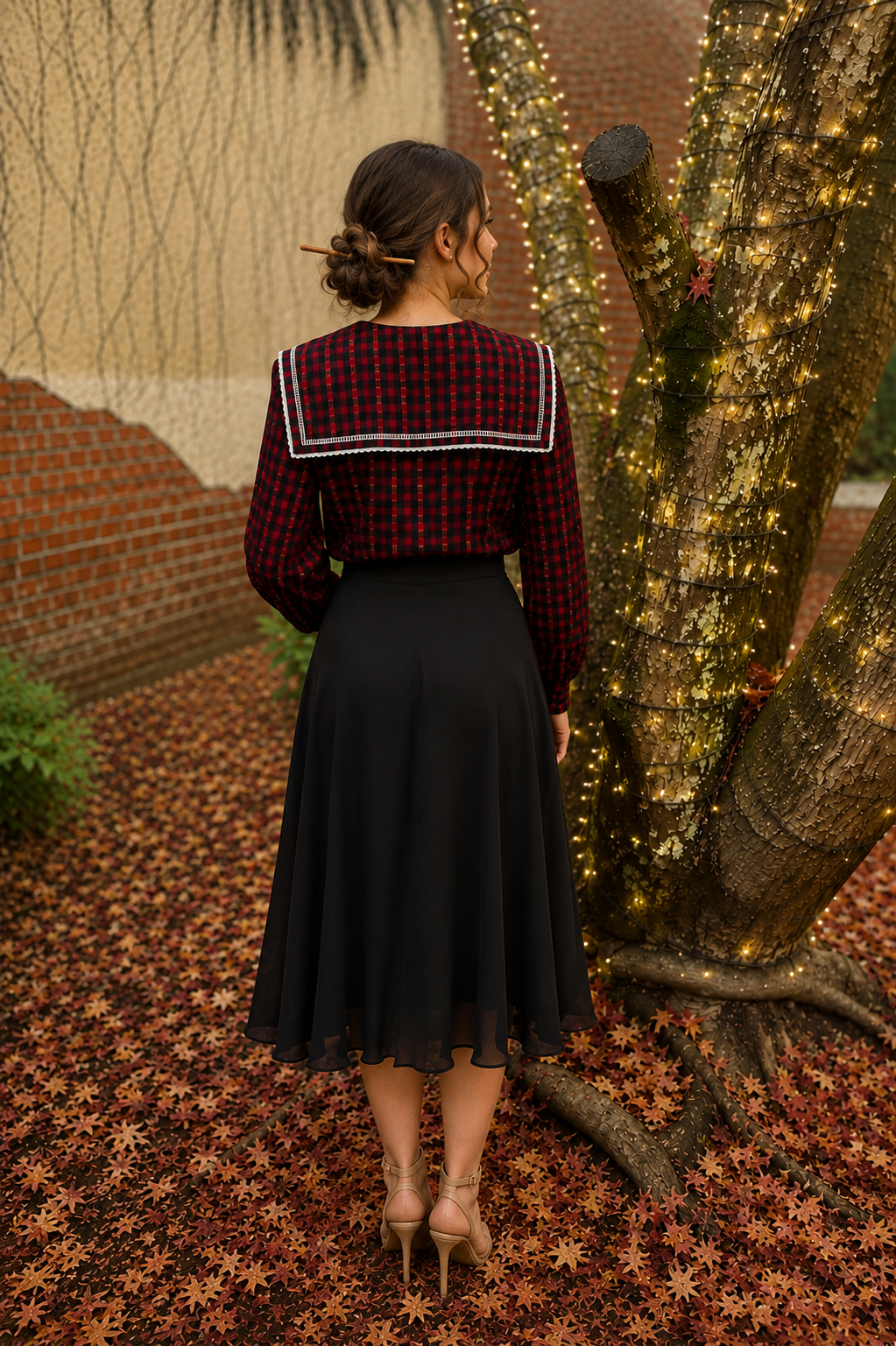 Plaid Red Black White Scallop Lace Peter Pan Oversize Collar Blouse