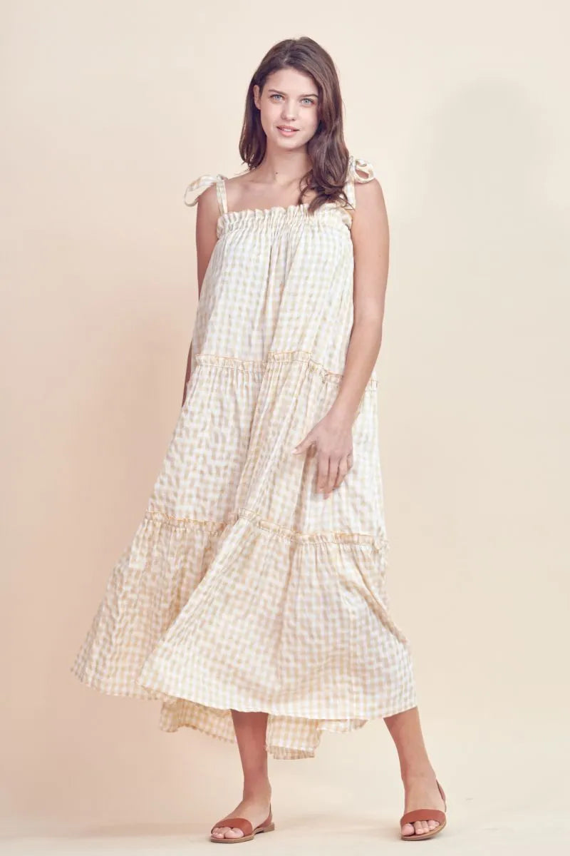 Cream Gingham Ruffle Midi Dress