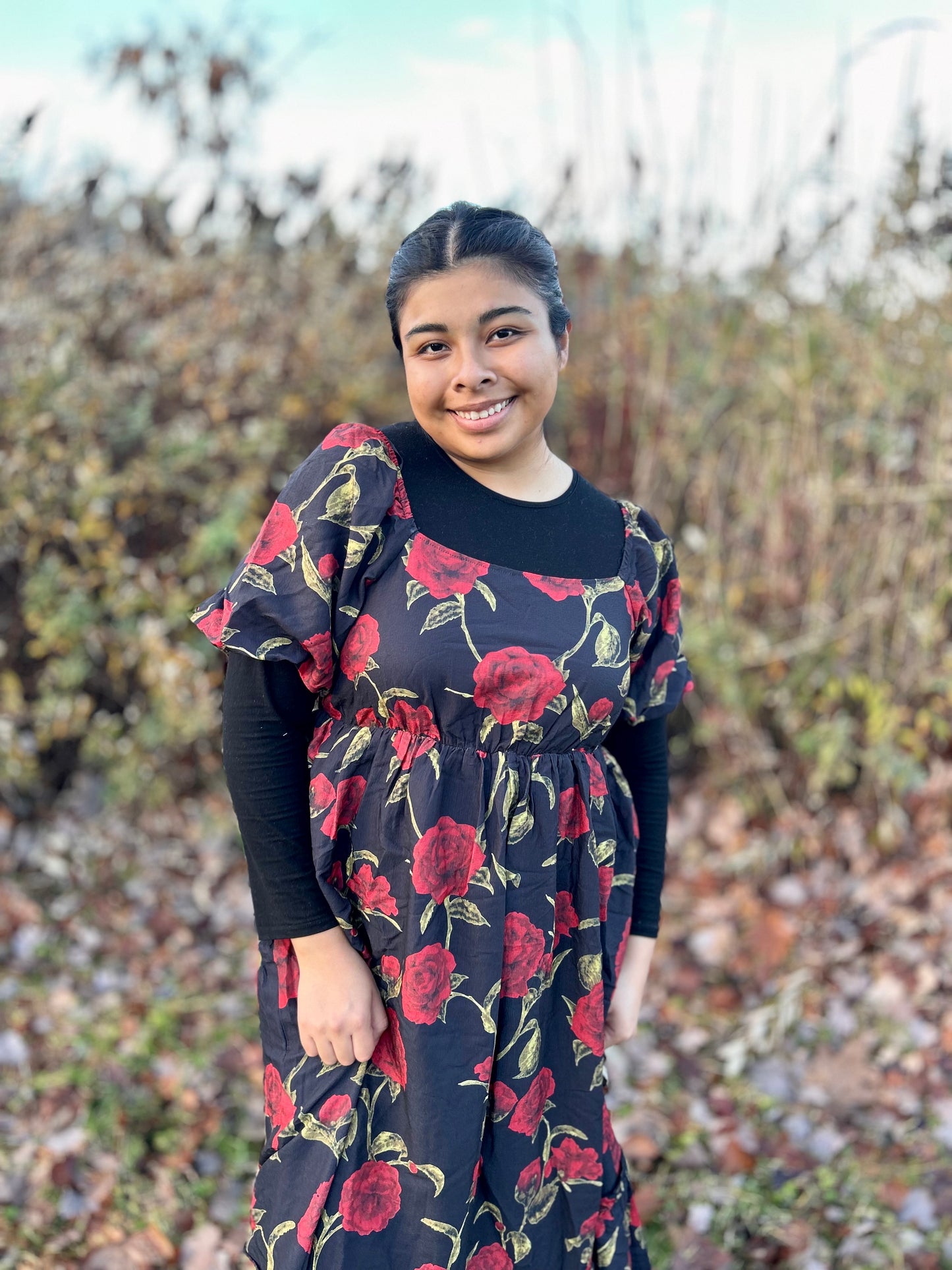 BLACK ROSE PRINTED WOVEN DRESS