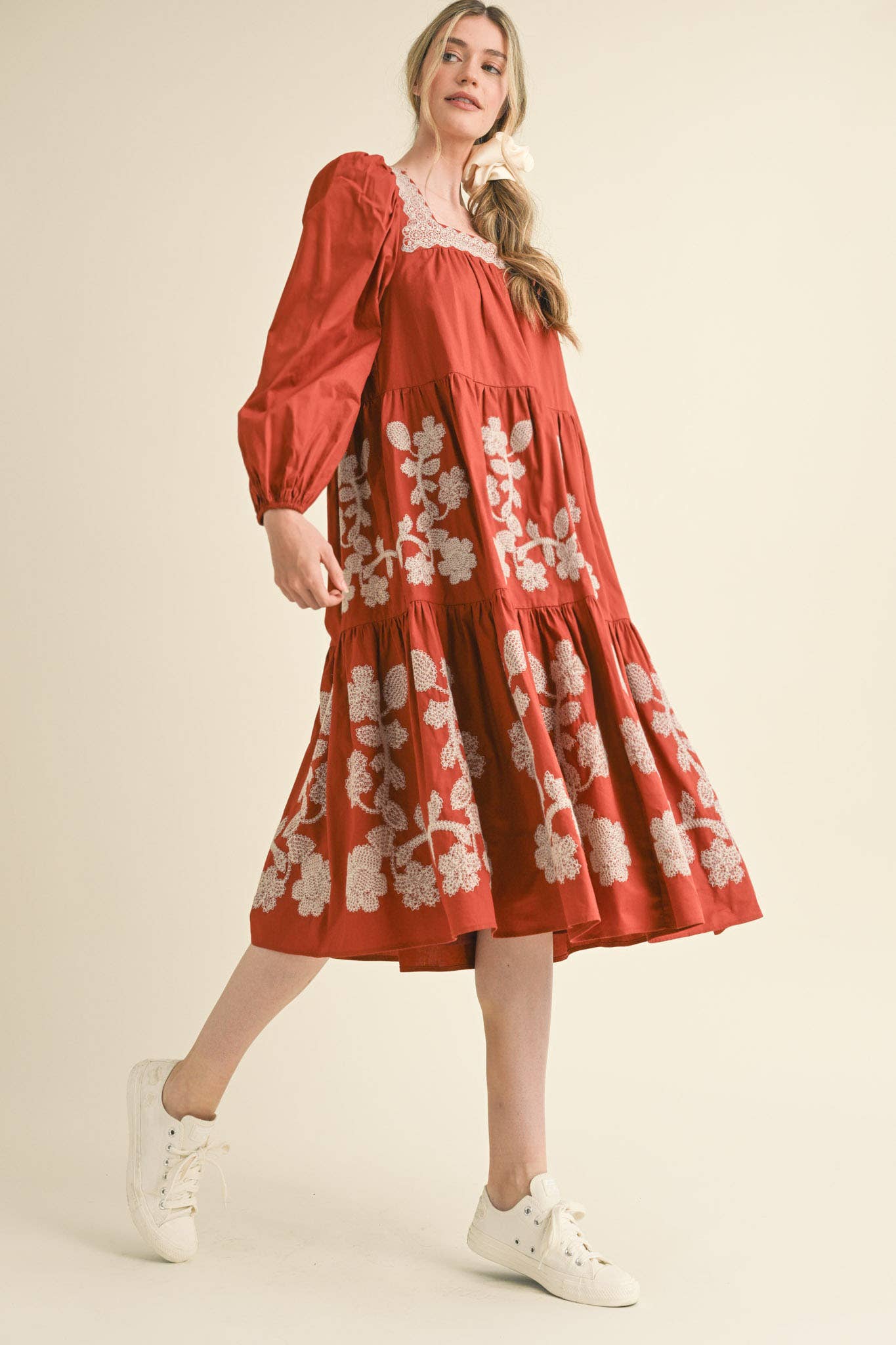 FLORAL EMBROIDERED TIERED MIDI DRESS RUST AMBER SQUARE NECK