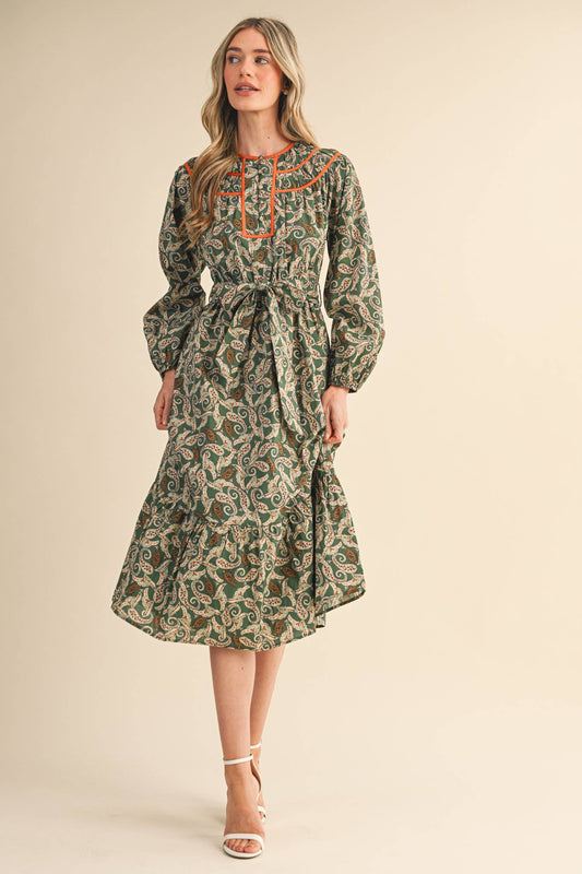PAISLEY PRINT CONTRAST BINDING MIDI DRESS