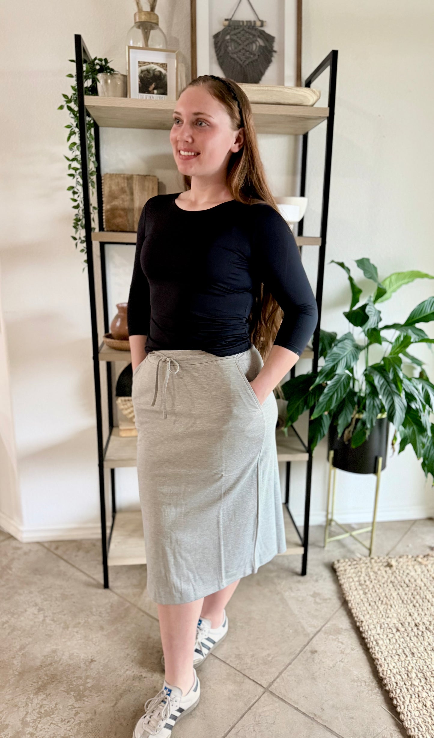 Grey Soft Knit Stretchy Midi Skirt