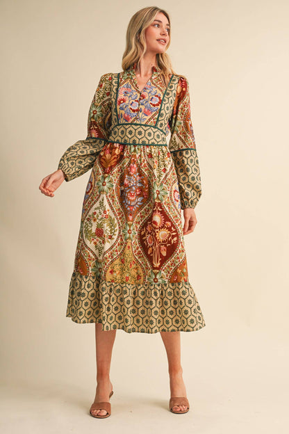MIXED FLORAL PRINT CONTRAST PIPING MIDI DRESS