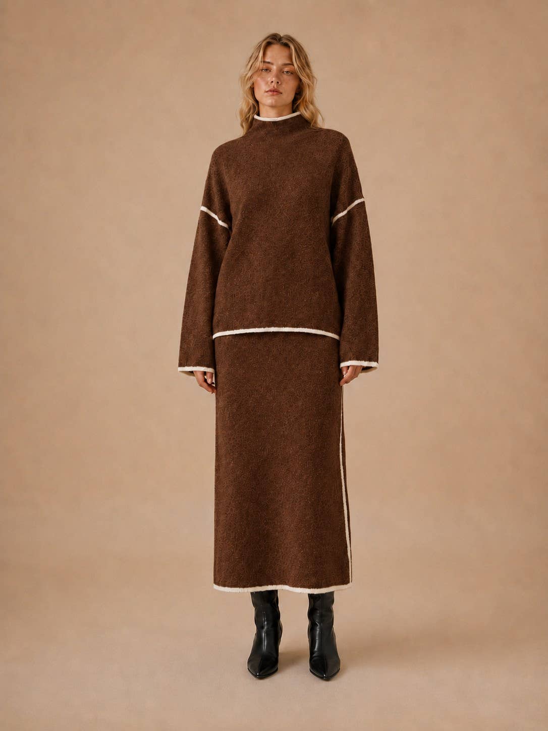 Contrast Piping Trim Sweater Skirt Knit Set