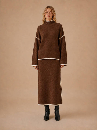Contrast Piping Trim Sweater Skirt Knit Set