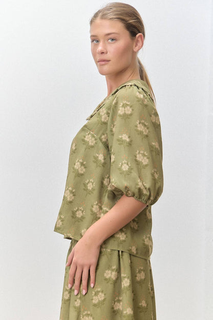 OLIVE GREEN PETER PAN FLORAL PRINT COLLARED BUTTON DOWN SHORT SLEEVE TOP SKIRT SET