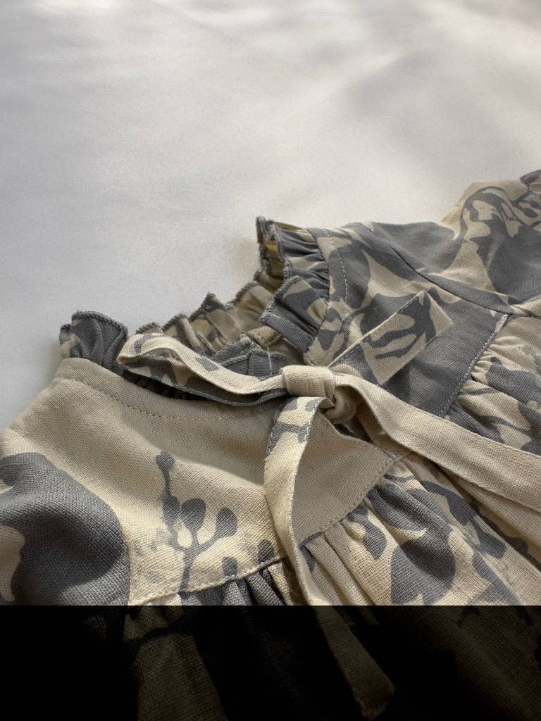 Grey Leaf Printed Gathered Long Sleeve Dress