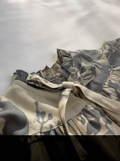 Grey Leaf Printed Gathered Long Sleeve Dress