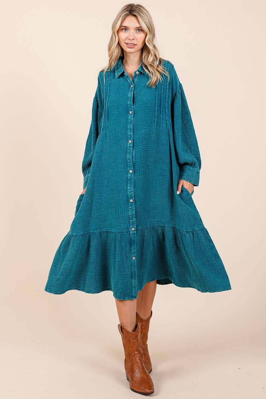 MINERAL WASH COTTON GAUZE RUFFLE MIDI SHIRT OVERSIZE DRESS