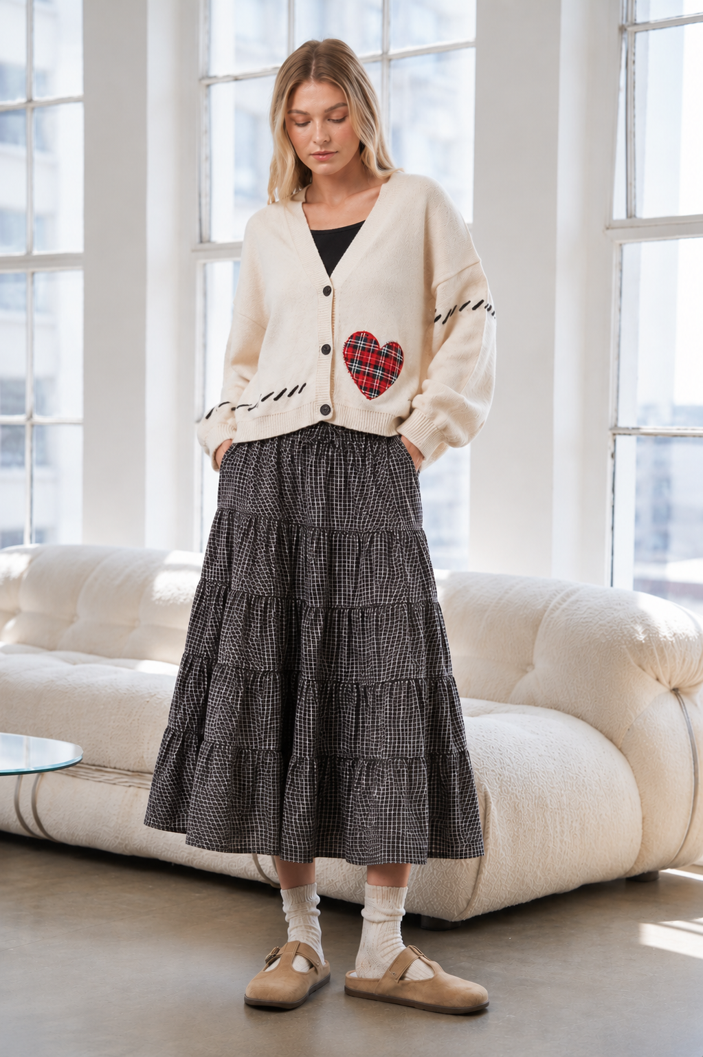 Stitch Heart Accent V Neck Knit Cardigan