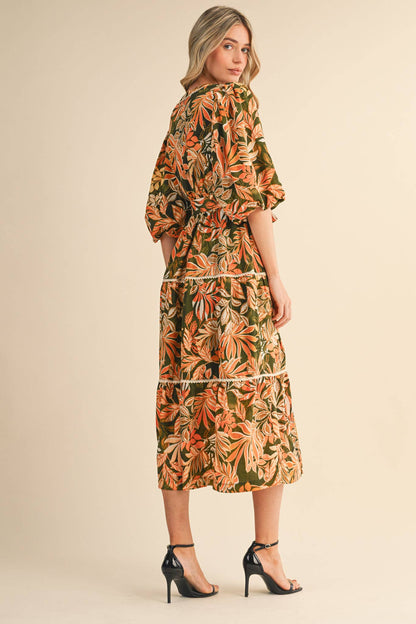 EXCLUSIVE PRINT BUBBLE SLV TIERED MIDI DRESS GREEN FLORAL LEAF TIE