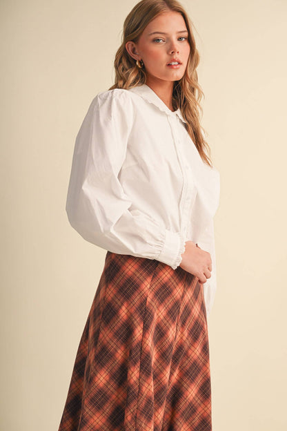 BUTTON UP TOP WITH SCALLOPED TRIM PETER PAN COTTON BLOUSE BLACK WHITE MUSHROOM